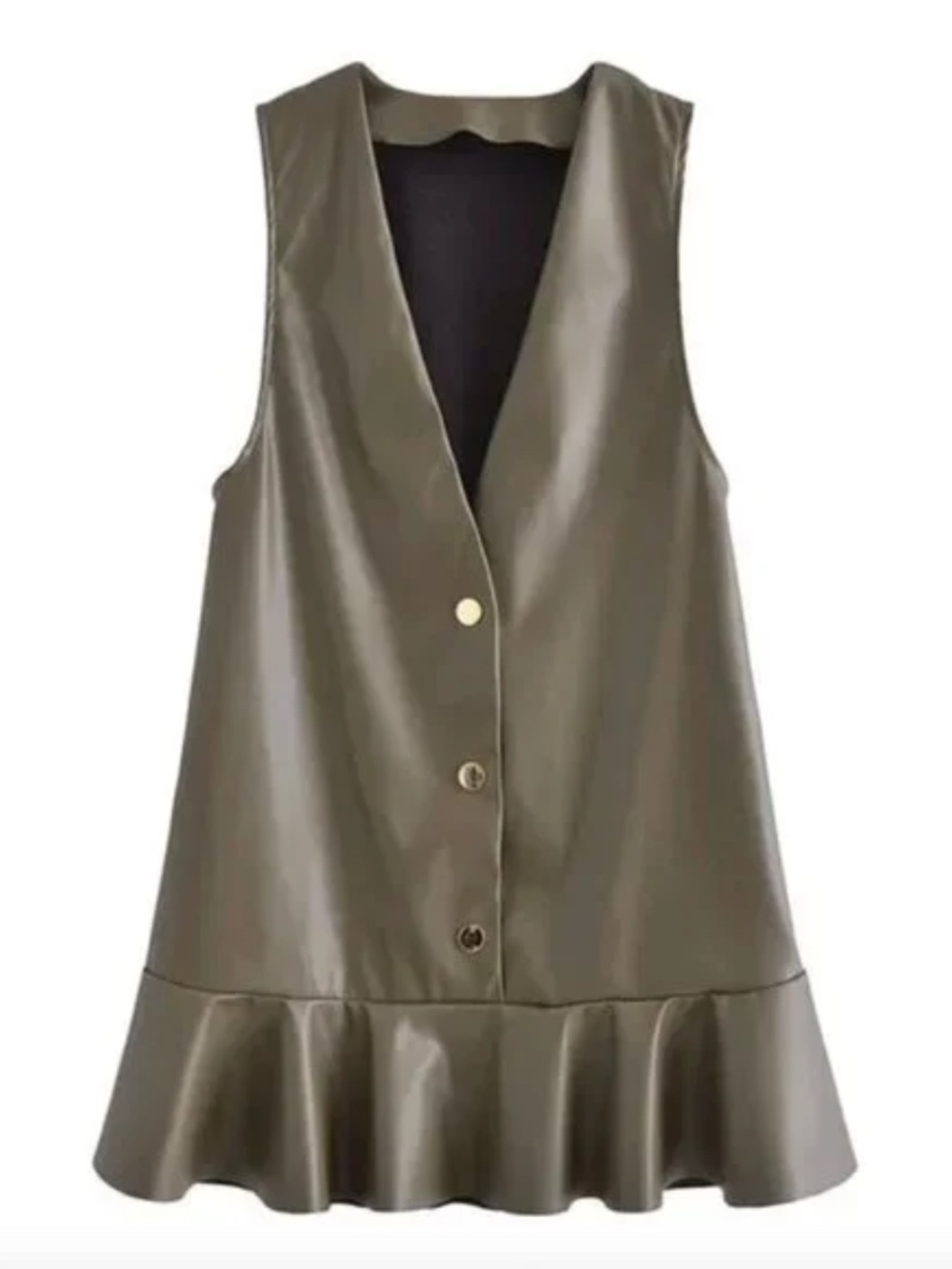 Zara Olive Green Faux Leather Vest Dress Women Size Medium Retro Flounce Button - Picture 3 of 6